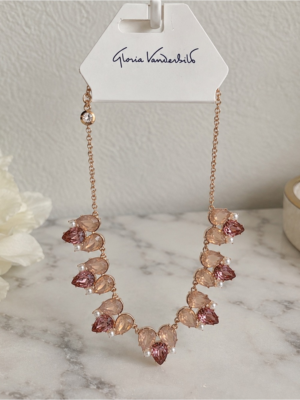 Gloria Vanderbilt Rose Pink statement chunky Teardrop gold Necklace new gift